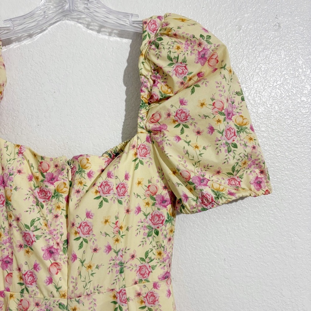 House of CB Tallulah Puff Sleeve Corset Midi Sundress in Lemon Floral - Picture 12 of 14